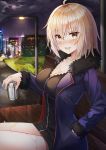  1girl :d ahoge bangs bench black_dress blonde_hair breasts building can cleavage clouds collarbone dress drooling fate/grand_order fate_(series) full_moon fur_collar fur_trim hair_between_eyes hand_in_pocket highres holding holding_can jacket jeanne_d&#039;arc_(alter)_(fate) jeanne_d&#039;arc_(fate)_(all) lamppost large_breasts lkeris long_sleeves looking_at_viewer moon night open_clothes open_jacket open_mouth outdoors purple_jacket short_hair sitting smile solo thighs wing_collar yellow_eyes 