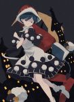  1girl aaaabo blue_hair book boots closed_eyes doremy_sweet dress eyebrows_visible_through_hair hat highres multicolored multicolored_clothes multicolored_dress nightcap pom_pom_(clothes) red_headwear sheep short_hair smile solo tail tapir_tail touhou white_footwear 
