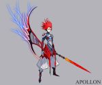  1boy absurdres apollo_(mythology) arm_blade armor character_name full_body glowing glowing_hair greek_mythology grey_background highres looking_at_viewer mecha_danshi orange_eyes original palow plate_armor redhead serious solo sword weapon 