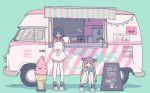  2girls absurdres apron aqua_background black_eyes blue_hair collared_shirt copyright_name cup drinking drinking_straw food food_truck highres holding holding_cup holding_phone ice_cream ice_cream_cone long_hair looking_at_viewer multiple_girls no_nose omega_rei omega_rio omega_sisters phone pink_hair plant potted_plant puffy_short_sleeves puffy_sleeves shirt short_hair short_sleeves shorts sign simple_background sitting smr_omg standing twintails virtual_youtuber 