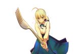  1girl absurdres ahoge artoria_pendragon_(all) blonde_hair blue_ribbon blue_skirt braided_bun collared_shirt eyebrows_visible_through_hair fate/stay_night fate_(series) fork green_eyes hair_ribbon highres holding holding_fork holding_weapon leaning_forward long_skirt neck_ribbon pleated_skirt pon_kan ribbon saber shirt short_hair simple_background skirt solo standing weapon white_background white_shirt wing_collar 