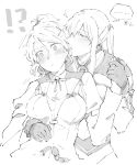  !? 2girls aquila_(kantai_collection) armpit_cutout bangs blush breasts capelet closed_mouth collared_shirt commentary_request cropped_torso eyebrows_visible_through_hair gloves graf_zeppelin_(kantai_collection) greyscale hair_between_eyes hair_ornament hair_tie hairclip half-closed_eyes hand_holding hand_on_another&#039;s_hip high_ponytail kantai_collection kurozu_(hckr_96) long_hair long_sleeves monochrome multiple_girls neck_ribbon necktie ponytail puffy_long_sleeves puffy_sleeves ribbon shirt sidelocks simple_background speech_bubble surprised sweat twintails upper_body wavy_hair white_background 