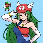  1girl akairiot aqua_background bracelet breasts cosplay elbow_gloves gloves green_eyes green_hair hand_on_headwear hand_on_hip hat jewelry kid_icarus large_breasts long_hair mario mario_(cosplay) super_mario_bros. necklace nintendo one_eye_closed overalls palutena polka_dot polka_dot_background red_headwear smile upper_body white_gloves 
