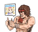  artist_request bandanna blonde_hair brown_eyes brown_hair djeeta_(granblue_fantasy) gran_(granblue_fantasy) granblue_fantasy muscle parody rambo red_bandana soldier_(granblue_fantasy) sylvester_stallone thumbs_up upper_body white_background 