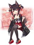  1girl :d akagi-chan_(azur_lane) animal_ears azur_lane bell black_legwear brown_hair collar collarbone commentary_request detached_collar fang fox_ears fox_girl fox_shadow_puppet fox_tail full_body hair_bell hair_ornament hair_ribbon highres jingle_bell kitsune long_sleeves looking_at_viewer open_clothes open_mouth platform_footwear pleated_skirt red_eyes red_footwear red_ribbon red_skirt ribbon satori_(ymoy) short_twintails sitting skirt smile solo strapless tail thigh-highs twintails twitter_username white_collar wide_sleeves zettai_ryouiki 