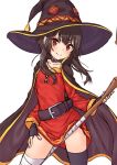  1girl bandage bandaged_leg bandages belt black_belt black_gloves black_hair blush cape collar dress fingerless_gloves gloves hat holding holding_staff kono_subarashii_sekai_ni_shukufuku_wo! megumin mismatched_legwear pensuke red_dress red_eyes short_hair_with_long_locks single_thighhigh solo staff thigh-highs witch_hat 