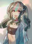  1girl alternate_hairstyle bangs black_hair blue_hair blue_jacket breasts commentary_request cross dangan_ronpa ear_piercing eyebrows_visible_through_hair heart highres jacket jellicle341 jewelry lip_piercing long_hair long_sleeves looking_at_viewer mioda_ibuki multicolored_hair navel necklace open_clothes open_jacket piercing pink_eyes pink_hair signature small_breasts solo super_dangan_ronpa_2 tongue tongue_out twintails upper_body white_hair 