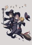 3girls aaaabo bangs blonde_hair blunt_bangs boots broom broom_riding brown_eyes brown_hair closed_eyes eyebrows_visible_through_hair freckles glasses grey_background hair_over_one_eye hat hat_removed headwear_removed highres kagari_atsuko little_witch_academia long_hair long_sleeves lotte_jansson luna_nova_school_uniform multiple_girls profile purple_hair red-framed_eyewear red_eyes round_eyewear school_uniform semi-rimless_eyewear shiny_rod short_hair simple_background smile sucy_manbavaran under-rim_eyewear wide_sleeves witch witch_hat 