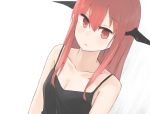  1girl bangs bare_shoulders breasts camisole cleavage closed_mouth commentary_request demon_girl dutch_angle eyebrows_visible_through_hair head_wings hinami047 koakuma long_hair red_eyes redhead sidelocks simple_background small_breasts solo straight_hair touhou upper_body white_background 