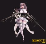 1girl absurdres black_background destiny_child full_body gun highres hildr_(destiny_child) holding holding_gun holding_weapon lips long_hair looking_at_viewer maid maid_headdress nightmadness official_art open_mouth rifle shoes simple_background sniper_rifle solo standing thick_thighs thigh-highs thighs weapon white_legwear 