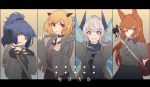 4girls animal_ear_fluff animal_ears arknights bangs between_fingers black_collar black_gloves black_skirt blonde_hair blue_hair bobo_(6630978) brown_eyes brown_hair brown_shirt collar commentary_request copyright_name ear_protection eyebrows_visible_through_hair franka_(arknights) gloves glowing green_eyes green_shirt grey_hair grey_jacket grey_shirt grin hair_between_eyes hand_up headset high_ponytail holding horns jacket jessica_(arknights) letterboxed liskarm_(arknights) long_hair long_sleeves multiple_girls open_clothes open_jacket outstretched_arms pink_eyes ponytail shirt skirt sleeves_past_wrists smile v-shaped_eyebrows vanilla_(arknights) very_long_hair