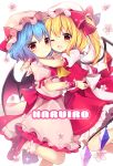  2girls ;d absurdres arm_ribbon ascot bangs bat_wings blonde_hair blue_hair blush bobby_socks bow commentary_request crystal dress eyebrows_visible_through_hair fang feet_out_of_frame flandre_scarlet flower hair_between_eyes hat hat_bow hat_ribbon highres hug leg_up long_hair looking_at_viewer mob_cap multiple_girls one_eye_closed one_side_up open_mouth petticoat pink_dress pink_flower pink_headwear pink_legwear puffy_short_sleeves puffy_sleeves red_bow red_eyes red_footwear red_neckwear red_ribbon red_skirt red_vest remilia_scarlet ribbon ruhika shirt shoes short_hair short_sleeves siblings simple_background sisters skirt smile socks touhou vest white_background white_headwear white_shirt wings wrist_cuffs yellow_neckwear 