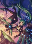  1girl aqua_eyes boots falling green_hair halterneck hatsune_miku high_heel_boots high_heels highres lolita_fashion long_hair mechanical_wings mool_yueguang open_mouth outstretched_arm shooting_star solo star_(sky) thigh-highs thigh_boots thighs twintails very_long_hair vocaloid wings 