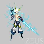  1boy abs bare_chest character_name chest_tattoo full_body gauntlets greek_mythology grey_background highres horns lightning lightning_bolt looking_at_viewer original palow pants polearm solo spear spiky_hair tattoo weapon white_hair yellow_eyes zeus 