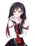  1girl :o alternate_hair_length alternate_hairstyle artist_name black_dress black_hair corset dress flower gradient_hair grey_eyes grey_eyes lips long_hair long_sleeves multicolored_hair redhead rose ruby_rose rwby smile sunnypoppy two-tone_hair white_flower white_rose 