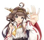  1girl :d ahoge bare_shoulders brown_hair commentary_request double_bun headgear highres index_finger_raised japanese_clothes kantai_collection kongou_(kantai_collection) long_hair looking_at_viewer nontraditional_miko open_mouth remodel_(kantai_collection) simple_background smile solo tk8d32 upper_body violet_eyes white_background 