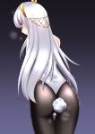  1girl absurdres anastasia_(fate/grand_order) black_legwear blue_eyes bunny_tail bunnysuit embarrassed eyebrows_visible_through_hair fate/grand_order fate_(series) gradient gradient_background hair_between_eyes hairband highres leaning_forward leotard long_hair looking_at_viewer looking_back pantyhose selvalanch shiny shiny_hair silver_hair solo standing tail very_long_hair white_leotard yellow_hairband 