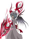  1girl absurdres back_bow bare_arms bat_wings blue_hair bow collar eyebrows_visible_through_hair fang frilled_collar frilled_sleeves frills hat highres jewelry looking_at_viewer mob_cap nintoku open_mouth polearm puffy_short_sleeves puffy_sleeves red_eyes remilia_scarlet short_hair short_sleeves simple_background solo spear touhou weapon white_background wings 