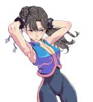  1girl bracelet breasts brown_hair capcom chun-li closed_mouth commentary_request hair_bun highres jewelry long_hair o_sho simple_background solo spiked_bracelet spikes street_fighter street_fighter_zero_(series) white_background yellow_eyes 