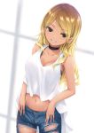  1girl black_eyes blonde_hair breasts brown_hair choker cleavage coffee-kizoku commentary_request cowboy_shot crop_top denim dutch_angle earrings eyebrows_visible_through_hair gradient_hair grin hair_over_shoulder highres hoop_earrings idolmaster idolmaster_shiny_colors izumi_mei jeans jewelry large_breasts long_hair looking_at_viewer midriff multicolored_hair navel open_pants pants smile solo torn_clothes torn_jeans torn_pants 