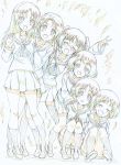  5girls :d absurdres arm_up bangs black_eyes black_hair black_legwear black_neckwear black_ribbon blouse blue_eyes blue_hair brown_eyes brown_footwear brown_hair color_trace colored_pencil_(medium) commentary eyebrows_visible_through_hair freckles girls_und_panzer glasses green_skirt hair_ribbon hands_on_another&#039;s_shoulders hands_on_own_knees head_tilt highres kitazinger kneehighs leaning_on_person leaning_to_the_side light_blush loafers long_hair long_sleeves looking_at_viewer maruyama_saki miniskirt multiple_girls neckerchief ooarai_school_uniform oono_aya open_mouth parted_bangs pleated_skirt ribbon round_eyewear sakaguchi_karina sawa_azusa school_uniform serafuku shadow shoes short_hair side-by-side sitting skirt smile socks squatting standing thigh-highs traditional_media twintails utsugi_yuuki v waving white_blouse yamagou_ayumi 