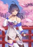  1girl ahoge bare_shoulders blue_eyes blush breasts bridge cherry_blossoms choker cleavage collarbone commentary_request eyebrows_visible_through_hair gloves high_ponytail highres honkai_(series) honkai_impact_3rd jacket large_breasts liu_lan long_hair long_sleeves looking_away mismatched_legwear open_clothes open_jacket open_mouth outdoors purple_hair raiden_mei raiden_mei_(striker_fulminata) see-through sidelocks single_glove smile solo thigh-highs tree very_long_hair 