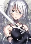  1girl absurdres bangs bare_shoulders black_dress black_gloves blue_eyes blurry blurry_background blush breasts closed_mouth collarbone commentary_request depth_of_field dress elbow_gloves eyebrows_behind_hair gloves hair_between_eyes head_tilt highres holding holding_sword holding_weapon ichiren_namiro long_hair mole mole_under_mouth nier_(series) nier_automata shoulder_cutout silver_hair small_breasts solo sword upper_body weapon yorha_type_a_no._2 