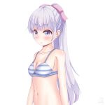  1girl absurdres bangs blush bow bra breasts cleavage collarbone eyebrows_visible_through_hair hair_bow highres long_hair medium_breasts navel new_game! open_mouth pink_bow ponytail sainohikari shiny shiny_hair shiny_skin sideboob silver_hair simple_background solo standing striped striped_bra suzukaze_aoba underwear underwear_only upper_body very_long_hair violet_eyes white_background 