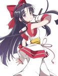  1girl ainu_clothes bangs black_hair blunt_bangs bow closed_mouth eyebrows_visible_through_hair hair_bow ixy long_hair looking_at_viewer nakoruru red_bow reverse_grip samurai_spirits simple_background solo standing violet_eyes white_background 