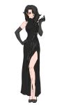  1girl bare_shoulders black_dress black_gloves black_hair blush breasts cinder_fall dress earrings elbow_gloves gloves hair_over_one_eye halexxx hand_on_hip highres jewelry long_dress long_hair lookatallthekitties orange_eyes pencil rwby simple_background sketch solo white_background 