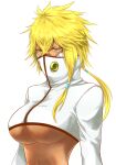  1girl arrancar bleach blonde_hair breasts dark-skinned_female dark_skin green_eyes high_collar highres large_breasts looking_at_viewer short_hair_with_long_locks shrug_(clothing) simple_background solo starscream-tf tier_harribel under_boob upper_body white_background 