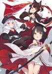  3girls absurdres akagi-chan_(azur_lane) akagi_(azur_lane) animal_ears azur_lane bare_shoulders bell black_hair black_legwear blush breasts cape closed_mouth commentary detached_sleeves dress english_commentary eyebrows_visible_through_hair flat_chest fox_ears graf_zeppelin_(azur_lane) grey_hair hair_bell hair_ornament hairclip hands_on_hips hat hiei-chan_(azur_lane) hiei_(azur_lane) highres horns iron_cross japanese_clothes jingle_bell katana long_hair long_sleeves looking_at_viewer multiple_girls neme1228 orange_eyes pantyhose pink_eyes pleated_skirt sandals shikigami short_dress short_hair sidelocks simple_background skirt slippers small_breasts smile smug socks sword tassel thigh-highs v-shaped_eyebrows violet_eyes weapon white_background white_dress white_legwear wide_sleeves yellow_eyes younger zeppelin-chan_(azur_lane) zettai_ryouiki 