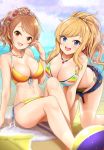  2girls :d all_fours bangs bare_shoulders beach belt bikini blonde_hair blue_eyes blush bracelet breasts brown_eyes brown_hair cleavage clouds collarbone day eyebrows_visible_through_hair flower flower_wreath hair_flower hair_ornament halter_top halterneck head_wreath highres houjou_karen idolmaster idolmaster_cinderella_girls jewelry kazu large_breasts long_hair looking_at_viewer multiple_girls navel necklace ootsuki_yui open_mouth orange_bikini outdoors ponytail short_shorts shorts side-tie_bikini sitting sky smile stomach swept_bangs swimsuit upper_teeth wavy_hair 