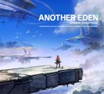  1boy album_cover aldo_(another_eden) another_eden bird black_hair blue_sky cat clouds cloudy_sky copyright_name cover day english_text floating_city floating_island flock highres landscape official_art outdoors scenery sky varuo_(another_eden) 
