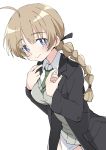  1girl ahoge blue_eyes braid brown_hair closed_mouth eyebrows_visible_through_hair green_neckwear ixy long_hair long_sleeves looking_at_viewer lynette_bishop necktie simple_background single_braid smile solo strike_witches white_background world_witches_series 