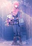  1boy belt blue_pants blurry blurry_background book boots bow closed_eyes creatures_(company) facing_viewer full_body game_freak gen_5_pokemon gloves indoors male_focus moe_(hamhamham) musharna nintendo pants personification pink_bow pink_hair pokemon potion standing vial white_gloves 