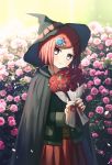  1girl bob_cut brown_eyes cape closed_mouth commentary dangan_ronpa flower hair_ornament hairclip hat holding holding_flower jacket long_sleeves looking_at_viewer new_dangan_ronpa_v3 pink_flower red_flower red_rose red_skirt redhead rose school_uniform short_hair skirt smile solo ssumbi witch_hat yumeno_himiko 