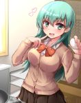  1girl blush breasts earrings egg frying_pan green_eyes green_hair hair_between_eyes hair_ornament heart highres jewelry kantai_collection kihou_no_gotoku_dmc kitchen skirt smile solo star star-shaped_pupils suzuya_(kantai_collection) symbol-shaped_pupils window 