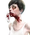  1girl blood blood_from_mouth blood_on_face bloody_tears commentary_request empty_eyes eyelashes genk highres injury lips looking_afar nose original parted_lips short_hair simple_background solo tank_top upper_body very_short_hair white_background white_tank_top 