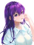  1girl absurdres dutch_angle ei_(tndusdldu) fate/stay_night fate_(series) hair_between_eyes hand_in_hair highres long_hair looking_at_viewer matou_sakura purple_hair shirt solo violet_eyes white_shirt 