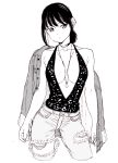  1girl bangs black_hair breasts breasts_apart contrapposto cowboy_shot cropped_legs dende_(dndn222) expressionless greyscale highres jacket_on_shoulders jewelry large_breasts monochrome necklace original pants simple_background solo torn_clothes torn_pants white_background 