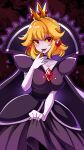  1girl blonde_hair crown dress earrings elbow_gloves finger_to_mouth gloves heart high_collar highres jewelry paper_mario:_the_thousand_year_door princess_peach purple_dress purple_skin red_eyes shadow_queen smile tanpopo_hayabusa-maru white_gloves yellow_sclera 