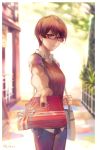  1girl black-framed_eyewear blurry blurry_background blush brown_hair chocolate commentary earrings english_commentary glasses highres jewelry original pants pixiebob red_eyes shirt short_hair short_sleeves signature sleeveless solo standing tomboy valentine 