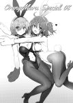  2girls absurdres animal_ears bangs bare_shoulders breasts bunny_tail bunnysuit cleavage cleavage_cutout detached_collar eyebrows_visible_through_hair fate/grand_order fate_(series) hair_over_one_eye high_heels highres leg_up leotard looking_at_viewer medium_breasts multiple_girls navel open_mouth rabbit_ears scan short_hair smile strapless strapless_leotard tail yang-do 