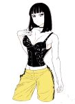  1girl bangs black_hair breasts breasts_apart cowboy_shot cropped_legs dende_(dndn222) expressionless hand_on_own_chest hand_up highres looking_at_viewer medium_breasts medium_hair midriff original pants simple_background sleeveless solo spot_color white_background yellow_pants 