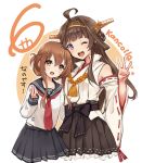  2girls ahoge anchor_symbol black_sailor_collar black_skirt blush boots brown_background brown_eyes brown_hair detached_sleeves double_bun eyebrows_visible_through_hair folded_ponytail hair_ornament hairband headgear inazuma_(kantai_collection) japanese_clothes kantai_collection kongou_(kantai_collection) long_hair long_sleeves looking_at_viewer multiple_girls neckerchief nontraditional_miko nuno_(pppompon) one_eye_closed open_mouth pleated_skirt red_neckwear remodel_(kantai_collection) ribbon-trimmed_sleeves ribbon_trim sailor_collar school_uniform serafuku shirt simple_background skirt thigh-highs thigh_boots translation_request white_background white_shirt 