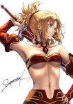  1girl absurdres bare_shoulders blonde_hair bra breasts choker cleavage detached_sleeves fate/apocrypha fate_(series) floating_hair green_eyes hair_ornament hair_scrunchie hand_on_hip highres long_hair long_sleeves medium_breasts mordred_(fate) mordred_(fate)_(all) navel red_bra red_scrunchie red_sleeves scrunchie sideboob signature simple_background smile solo standing strapless strapless_bra under_boob underwear upper_body w-moz9-w white_background 