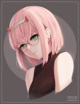  1girl alternate_hairstyle bare_shoulders breasts commentary darling_in_the_franxx earrings english_commentary glasses green_eyes hair_between_eyes hairband highres jewelry looking_at_viewer medium_breasts oni_horns pink_hair pixiebob red_horns short_hair sidelocks sleeveless smile solo straight_hair white_hairband zero_two_(darling_in_the_franxx) 