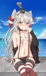  1girl absurdres amatsukaze_(kantai_collection) black_panties blue_sky blush breasts brown_dress brown_eyes closed_mouth clouds dress eyebrows_visible_through_hair garter_straps hair_between_eyes hair_tubes hat highres kantai_collection long_hair mini_hat navel no_bra panties red_legwear sailor_dress short_dress silver_hair sitting sky small_breasts solo striped sutetete two_side_up underwear windsock 
