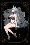  1girl 846neun animal_ears bare_shoulders barefoot blue_eyes bra breasts bustier cleavage collar flower full_body grey_hair heterochromia highres lace lace-trimmed_bra large_breasts long_hair looking_at_viewer medium_breasts petals ponytail shorts sirius_(warship_girls_r) sitting solo star underwear very_long_hair violet_eyes warship_girls_r zipper_pull_tab 